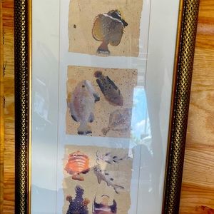 3 Picture frame. Tropical fish. Glass front. Gold wood carved frame.